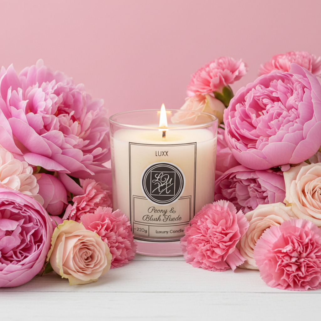 Peony & Blush Suede | Natural Coconut Wax | Hand Poured Luxury Candle | 220g | Sweet, Floral, Musk | 40+ Hours Burn Time
